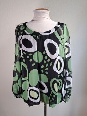 Apostrophe Women’s Vintage Black Green White Geometric Long-Sleeve Blouse Large
